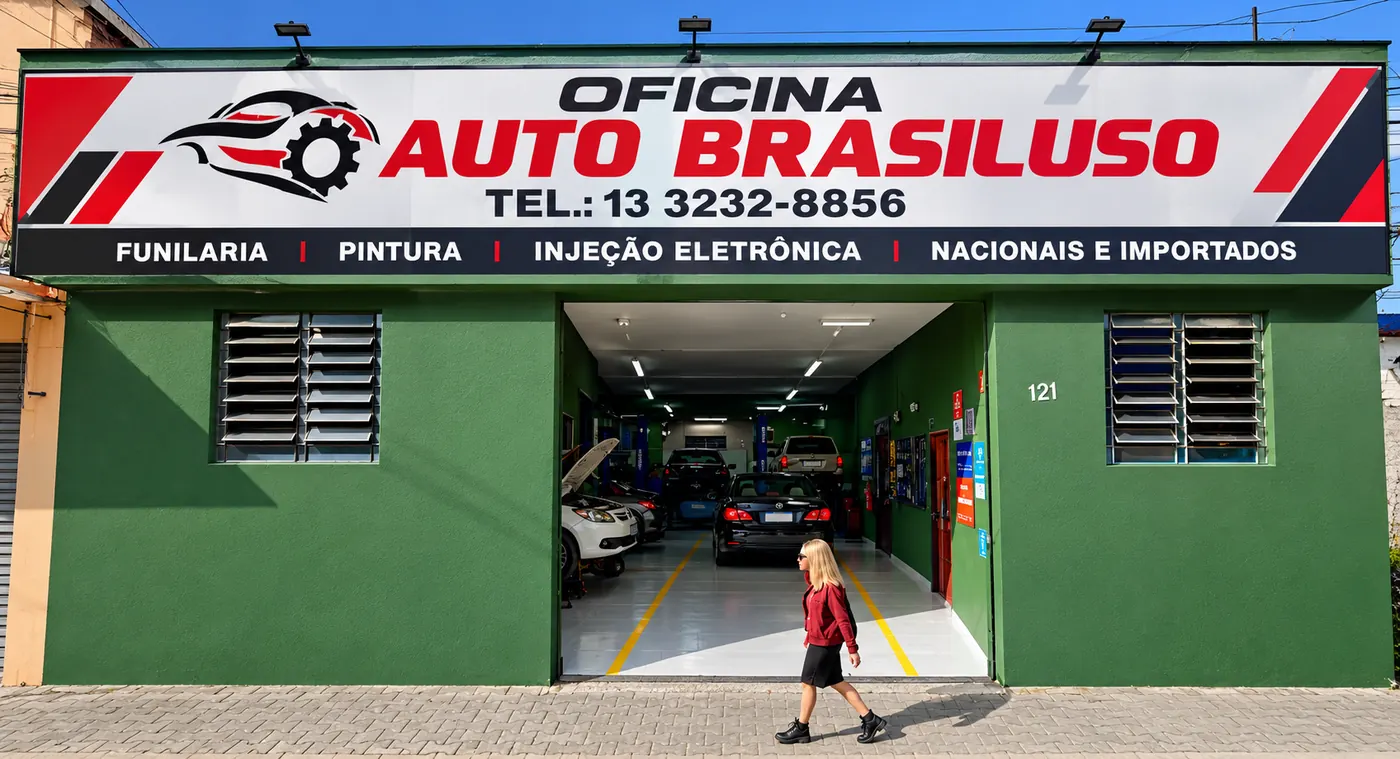 Fachada da Oficina Auto Brasiluso na Rua Lucas Fortunato, 121, Vila Mathias, Santos/SP